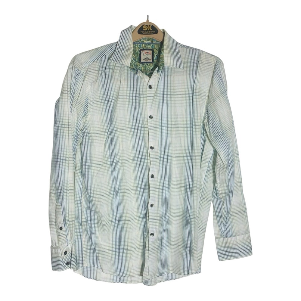 J Garcia Mens Casual Dress Shirt~Sz Large~Flip Cuff~Long Sleeve~White~Blue Check